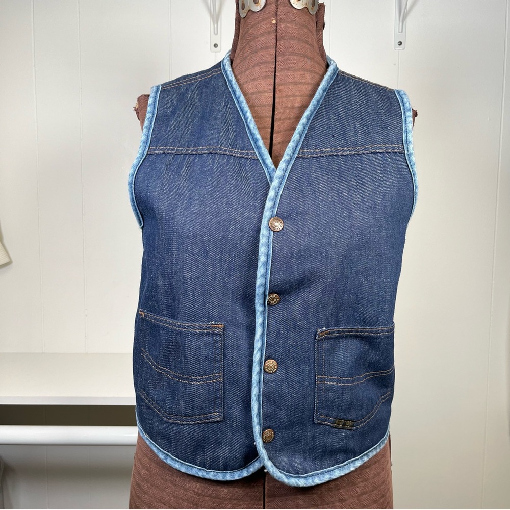 Vintage Blue Denim Vest with Light Blue Trim